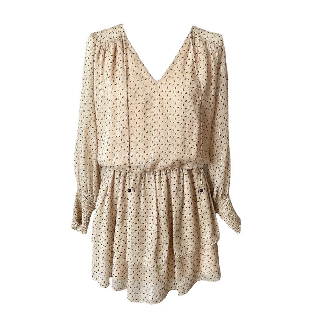 Shoshanna Silk Gold & Tan Metallic Blouson Mini Dress Women Sz 6